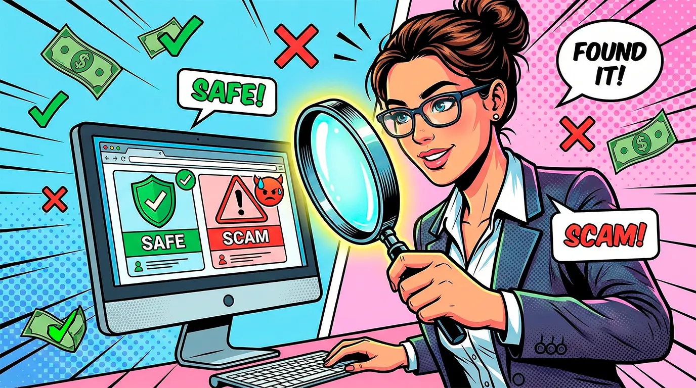 Комикс-иллюстрация поиска работы на OnlyFans. Девушка с лупой проверяет вакансии на честность, избегая мошенников. Вокруг символы денег и защиты