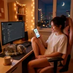 Ілюстрація затишного робочого місця вдома вночі: дівчина працює за комп'ютером, графіки доходу та повідомлення про виплату зарплати на OnlyFans