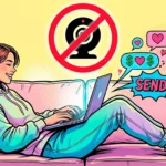 Комикс-иллюстрация работы чатером: счастливая девушка печатает на ноутбуке, над ней перечеркнутый символ веб-камеры, из экрана вылетают символы денег и сообщений