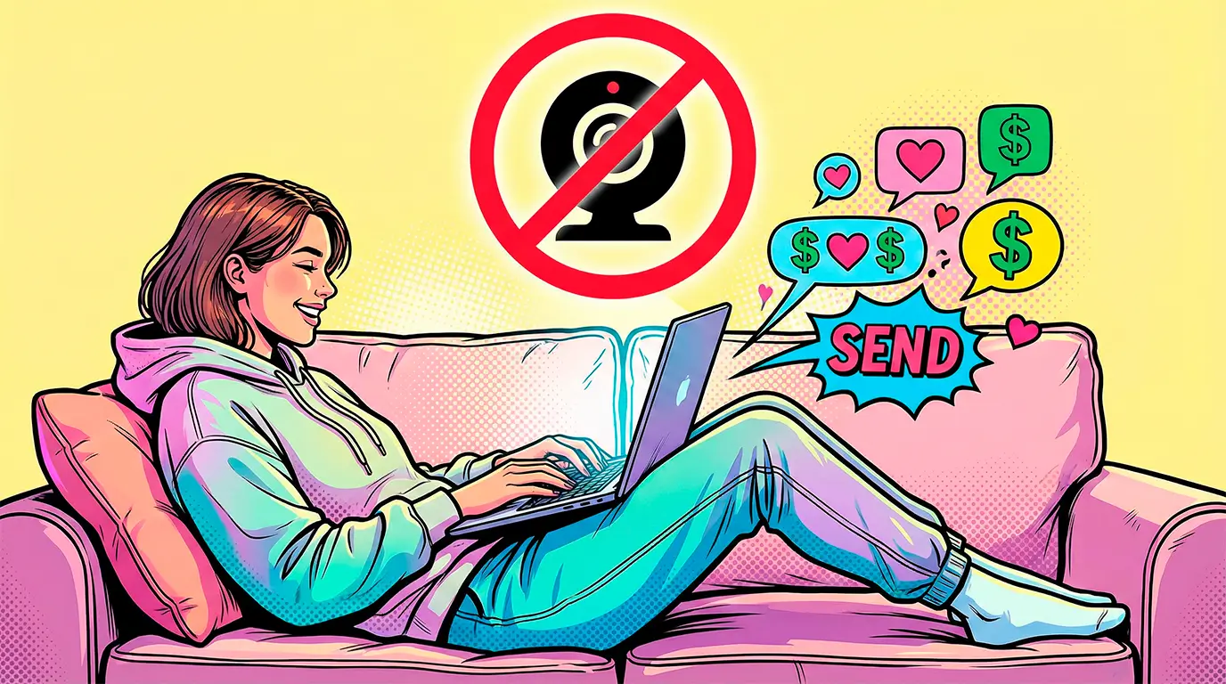 Комикс-иллюстрация работы чатером: счастливая девушка печатает на ноутбуке, над ней перечеркнутый символ веб-камеры, из экрана вылетают символы денег и сообщений