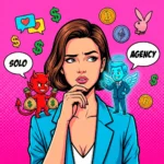 Комикс-иллюстрация главных ошибок на OnlyFans вакансии: девушка выбирает между работой соло и вакансиями агентства. Символы заработка, криптовалюты и рисков для модели и чатера