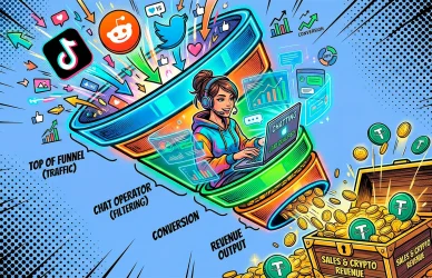 Комикс-иллюстрация воронки продаж на OnlyFans. Девушка-чатер конвертирует трафик из соцсетей в заработок криптовалюты USDT