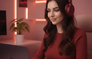 Рабочее место для онлифанс работы и чатинга: улыбающаяся девушка в наушниках с ноутбуком в уютном красном освещении. Иллюстрация к гиду по актуальным вакансиям на платформе Girlswork